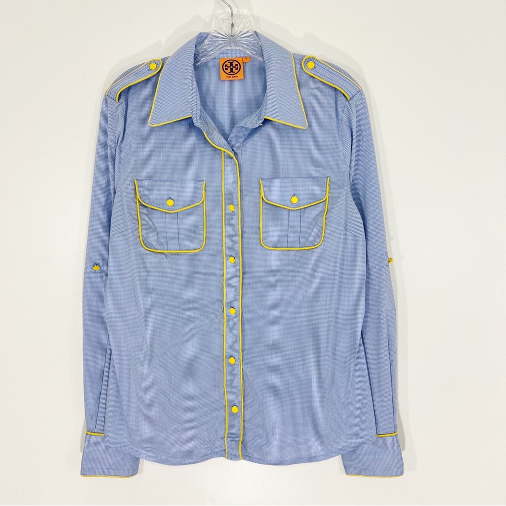 Tory Burch Blue Gingham Plaid Yellow Piping Buttondown Shirt Size 12